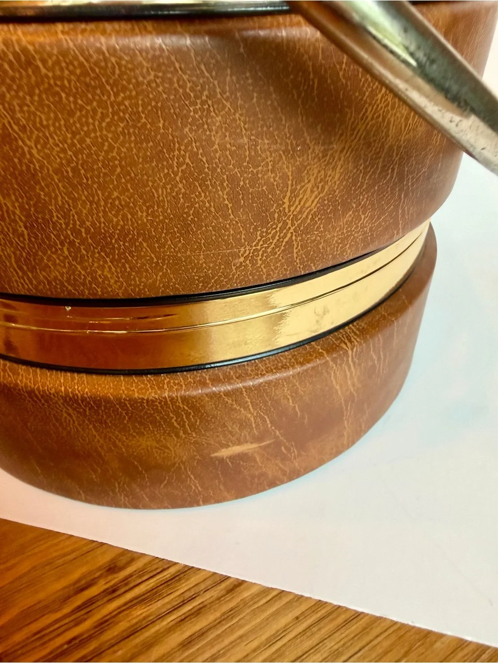 Vintage Faux Leather Ice Bucket Gold Tone Handle Mid Century Barware Brown